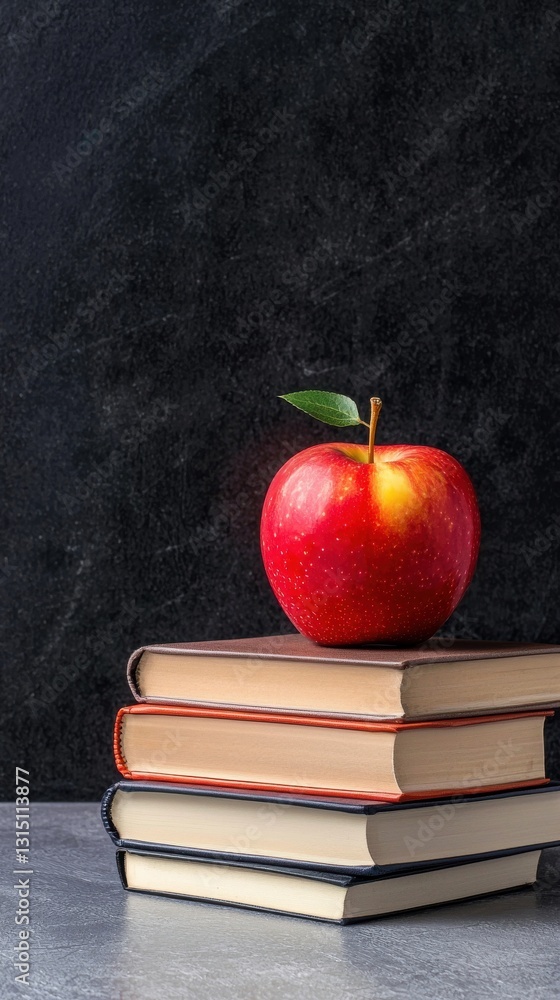 Poster a red apple sits on top of a stack of books