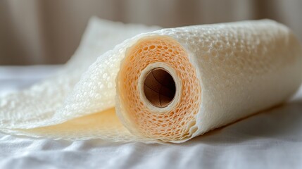 Rolled-up, light-orange, textured cleaning wipe, on white surface, blurred background