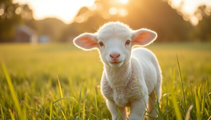 Naklejka premium Adorable lamb standing in a sun-drenched meadow at sunset