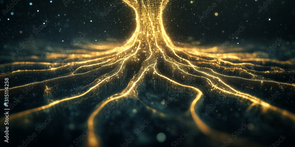 Poster this stunning abstract image depicts golden tree roots illuminated by shimmering digital particles, 