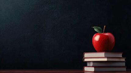A red apple sits on top of a stack of books