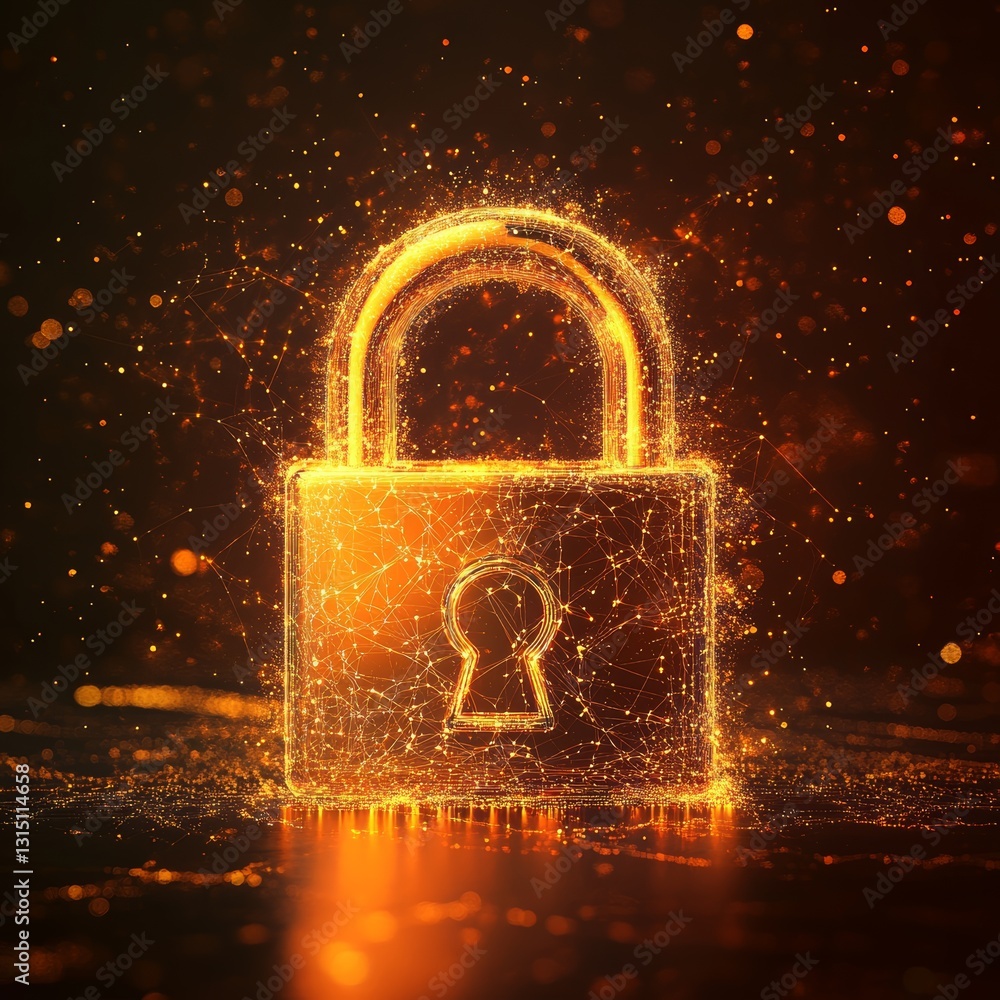 Poster this image showcases a sparkling digital lock surrounded by glowing particles, symbolizing security 