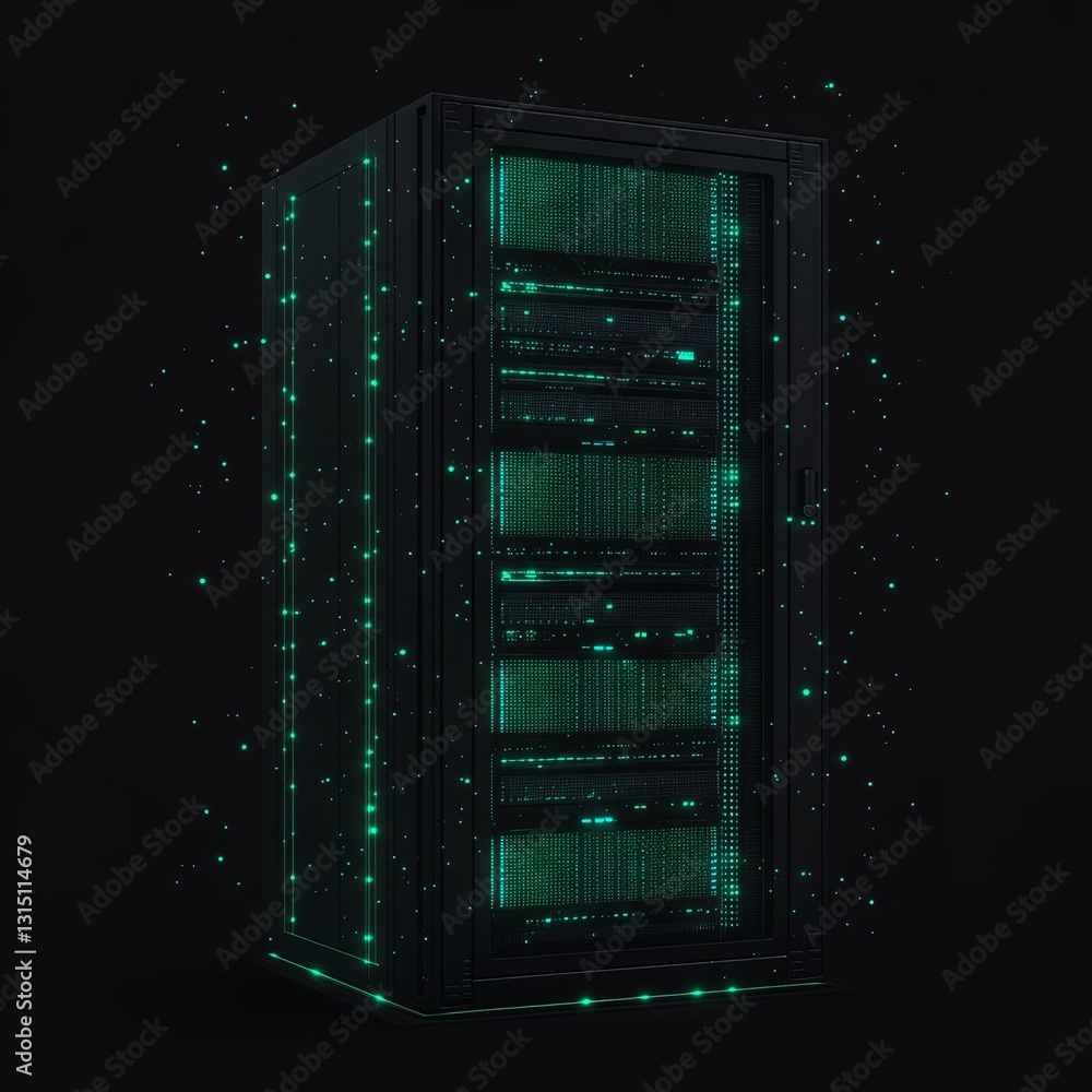 Poster a sleek modern data server rack illuminated by glowing particles, showcasing advanced technology and
