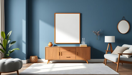 Creative composition of modern living room interior design with mockup poster frame, wooden commode, mirror and elegant personal accessories. Blue wall. Home staging. Template. Copy space, colorful.