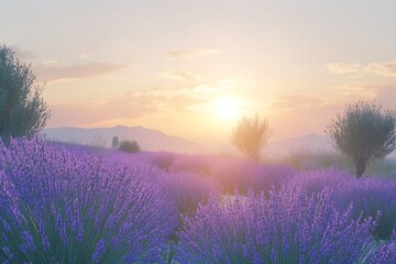 Fototapeta premium A serene lavender field under a soft sunset, evoking tranquility and natural beauty.