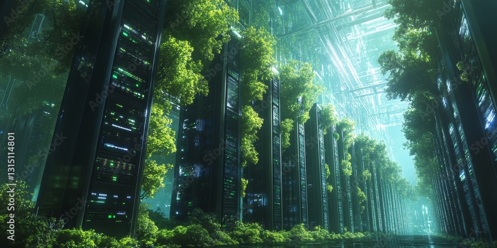 Aufkleber a captivating futuristic data center combines advanced technology with lush greenery. vibrant plants
