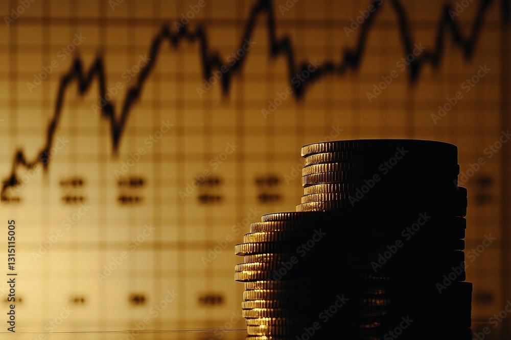 Poster a stack of coins sits on a table in front of a graph. the coins are piled up and appear to be gold. 