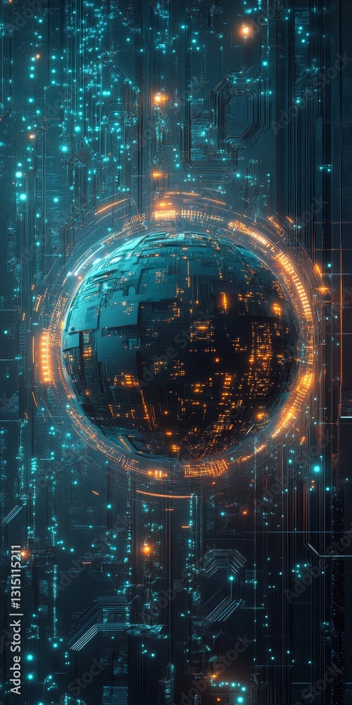 Poster a computer generated image of a glowing orb with a blue background. the image has a futuristic and t