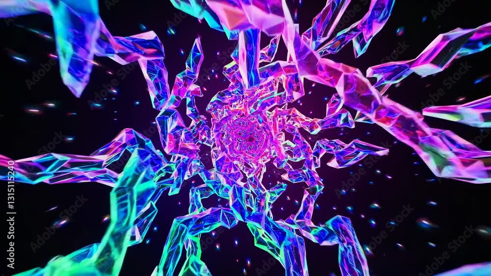 Poster futuristic video concept with a dynamic, low-angle view of vibrant, crystalline structures spiraling