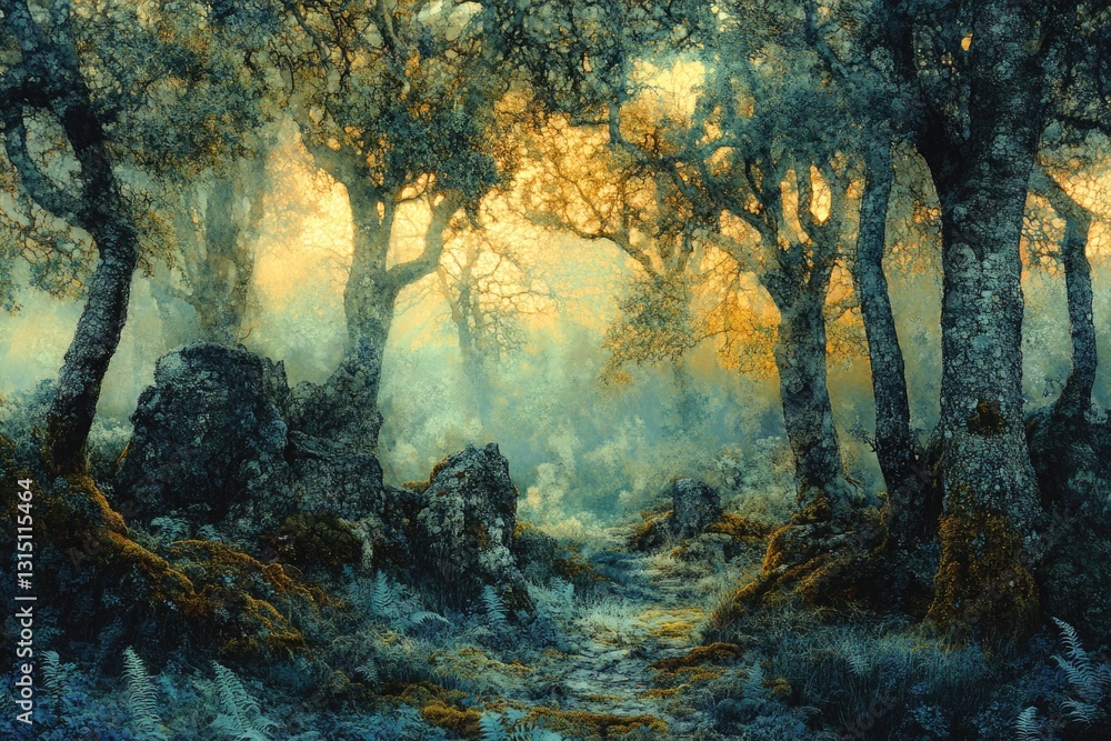 Poster mystical forest path at sunrise, sunlight filtering through ancient trees and mossy rocks.