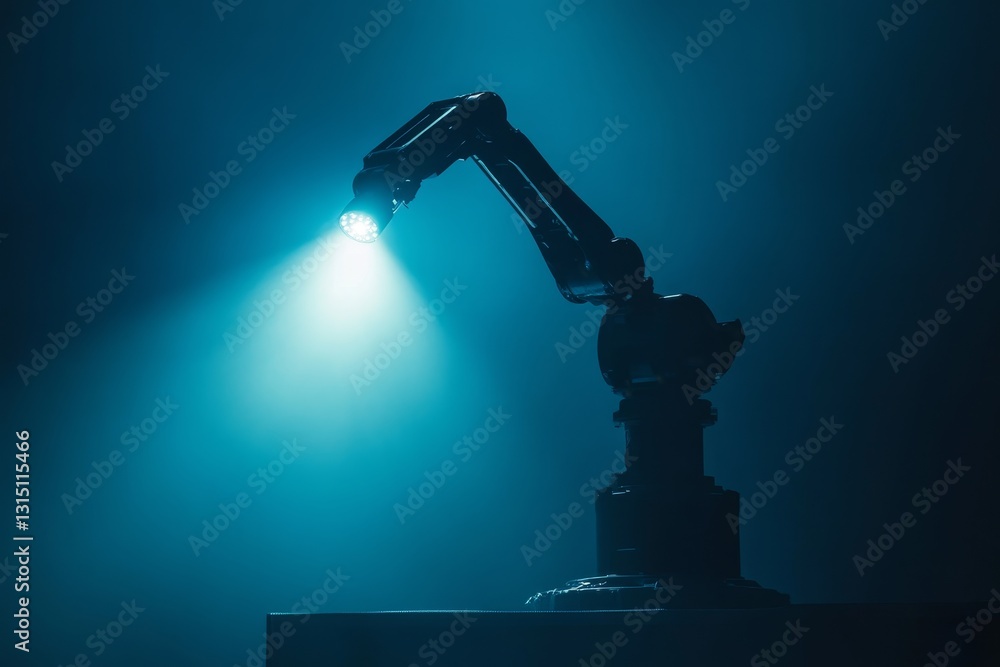 Poster a robot with a light on its head is standing in the dark. the robot is tall and has a long arm. the 