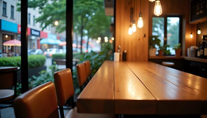 Warm and inviting interior of a cafe with wooden table and street view