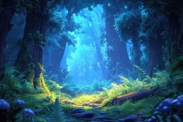 Enchanted forest at night, glowing with magical light, serene and mystical.