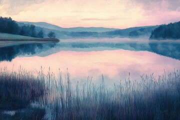 Fototapeta premium Serene sunrise over a tranquil lake, reflected in still waters, mist hanging over the distant hills.