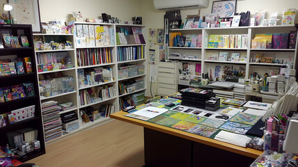 Colorful craft supply shop interior; books, papers, and art tools displayed on shelves and a large work table; busy background