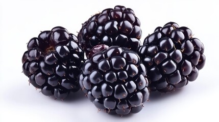 A bunch of ripe blackberries with a deep purple color on a white isolated background