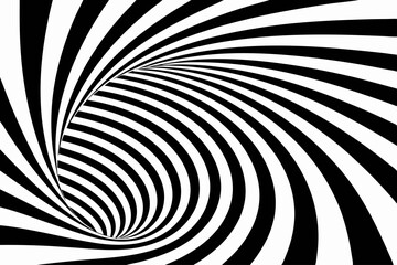 Black and white spiral tunnel with a hypnotic optical illusion. Striped twisted abstract 3D render background.