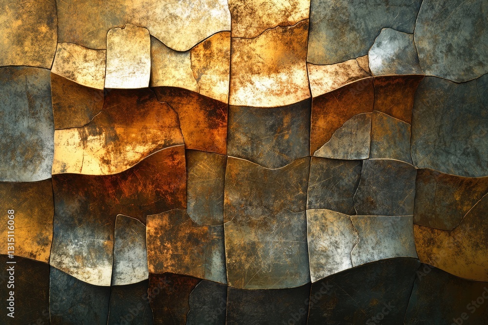 Poster abstract mosaic of metallic, textured tiles in bronze and dark grey, creating a wavy pattern.