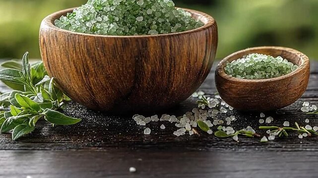 Wooden bowls of green sea salt with herbs.  Background of blurred green foliage.  Possible use for cooking or wellness