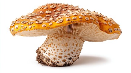 Single orange-yellow spotted mushroom on white background