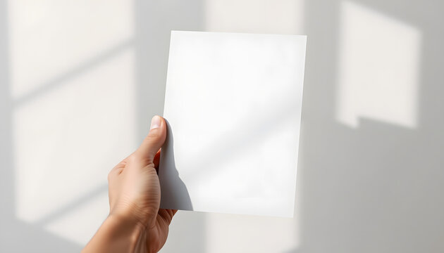 A5 Flyer mockup in hand, paper blank template brochure, Side lit. with white shades