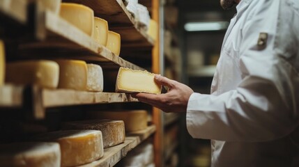 In a quaint, dimly lit cheese cellar, an artisan cheesemaker carefully examines a wheel of cheese