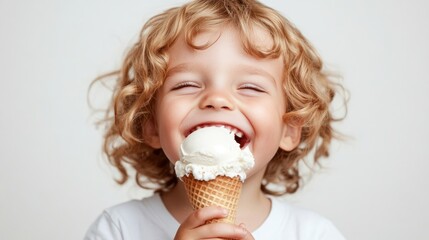 Happy toddler enjoying ice cream cone.
