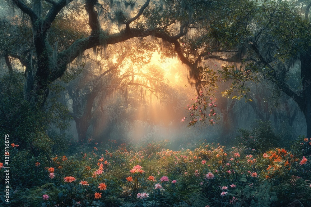 Poster sunlit magical forest path, adorned with blooming flowers and mystical fog, creating an enchanted at