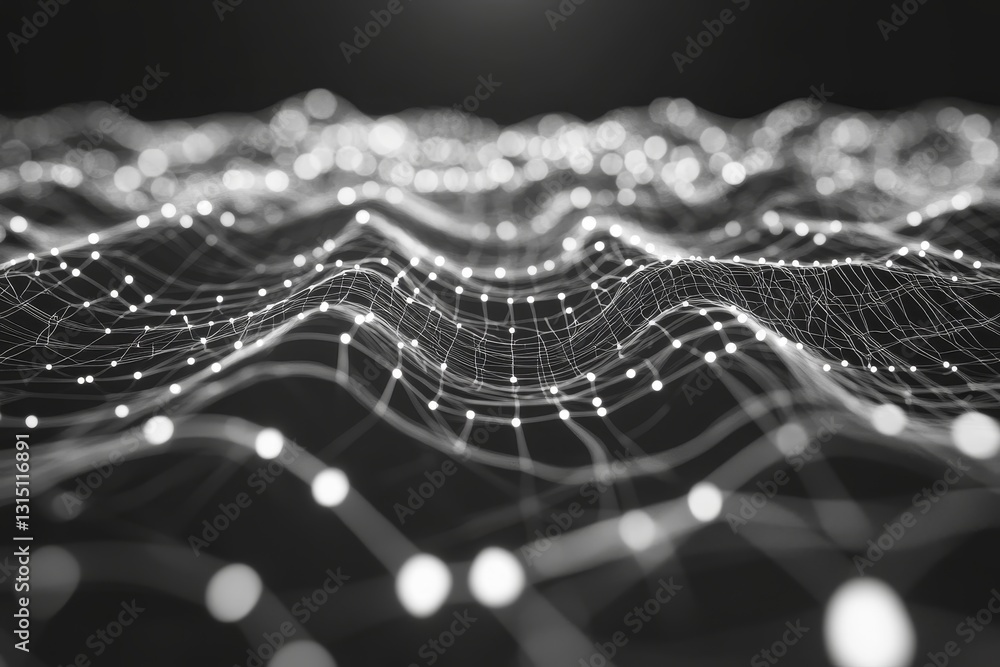 Poster a captivating abstract representation of digital waves featuring intricate lines and glowing dots. t