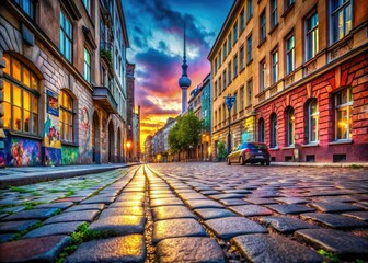 Fototapeta premium Berlin Street Texture Panoramic Photography: Urban Grit, Cobblestone Streets, Cityscape Panorama
