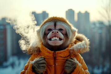 Happy cute adult animal white-faced capuchin in winter warm clothes, winter breath from nose and mouth in freezing air. Zoo pet health. Jocular animals. Zoo pet project ads. Winter pet gear.