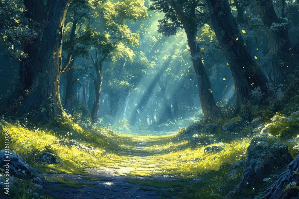 Poster Sunlit path winds through a mystical forest, dappled light illuminating lush greenery and ancient trees.