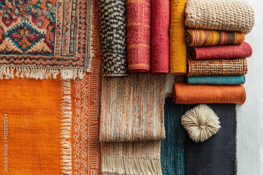 Poster A collection of various textured rugs and throws in warm, earthy tones, showcasing diverse weaving styles and patterns.