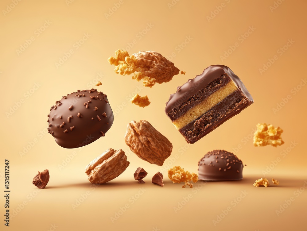 Poster a luxurious chocolate bar with nuts cascading from its surface, creating an indulgent visual delight