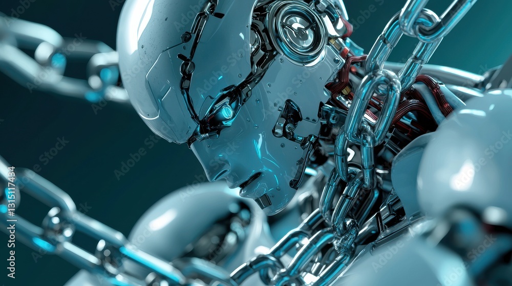 Poster a robot with a chain around its neck