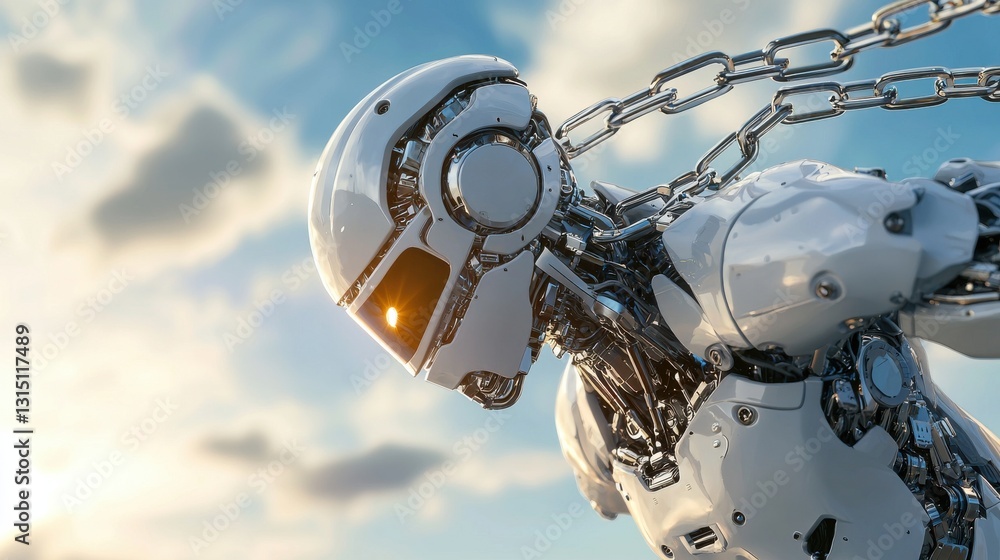 Poster a robot with a chain around its neck is flying through the sky
