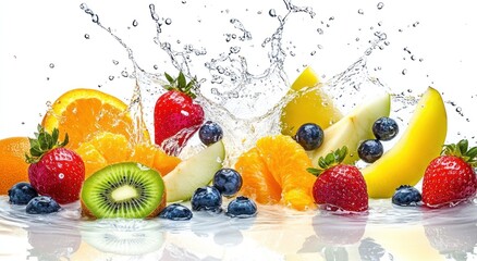 Colorful fruits and water splashes, vibrant display, studio setting