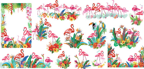 Tropical Arrangements with Flamingos and Flowers. Pre-made Design Elements for Summer Templates, Party Invitations, Cards, Posters, Banners, and More.