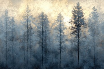 Fototapeta premium Misty forest scene at dawn, tall trees silhouetted against a soft golden light.