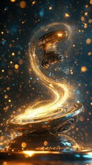 Futuristic Golden Award Hovering Above Swirling Base