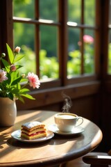 Sunlight streams through a window illuminating a wooden table with a delicate pastry and a steaming cup of coffee, accompanied by a vase of flowers.