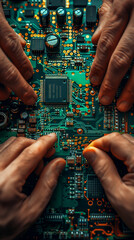 Engineers Repairing a Circuit Board with Precision
