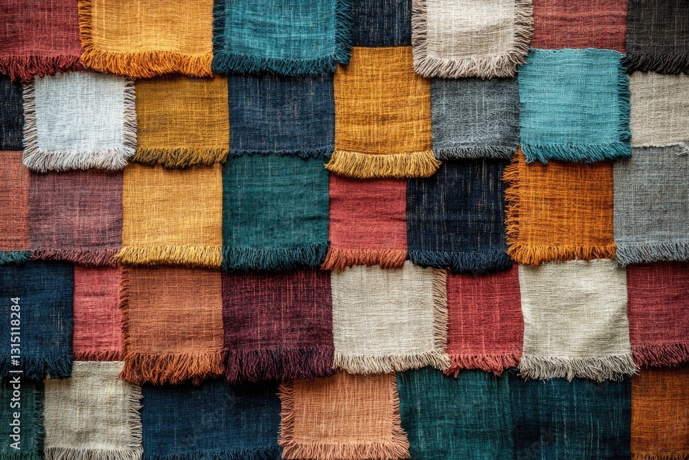 Aufkleber A patchwork of textured, fringed fabric squares in earthy tones, creating a rustic and warm aesthetic.