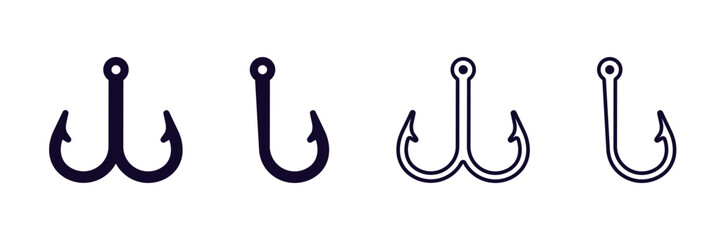 Set of four basic fishing hook illustrations, featuring single and double hooks. ideal for fishing topics.