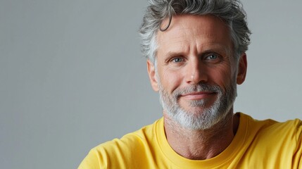 Obraz premium A man with a beard and gray hair is smiling and wearing a yellow shirt