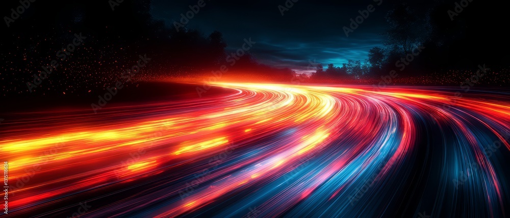 Poster abstract digital art depicting vibrant streaks of light converging at a vanishing point. the glowing