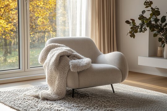 Cozy armchair with a knitted throw blanket near a window overlooking autumn foliage.