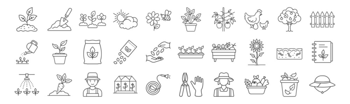 Gardening, Agriculture line icon set. Vector pictograms of grow your own food, watering can, greenhouse, seedling, sprout, farmer, pollination, fertilizer thin linear illustration.