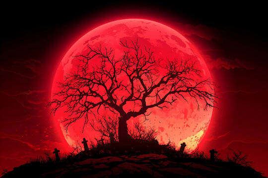 Spooky scene of a barren tree on a hill beneath a giant, glowing red moon