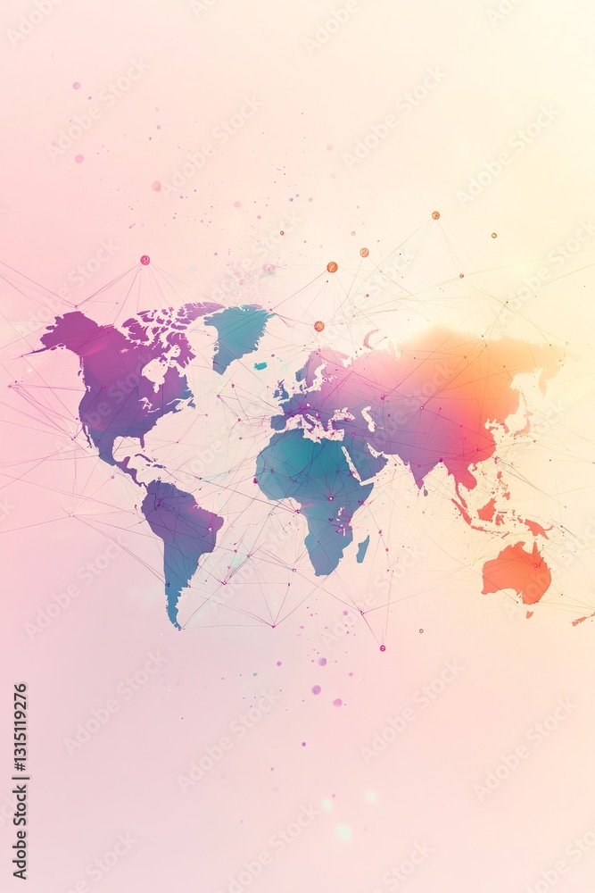 Poster a colorful world map with a pink background. the map is made up of different colors and has a lot of